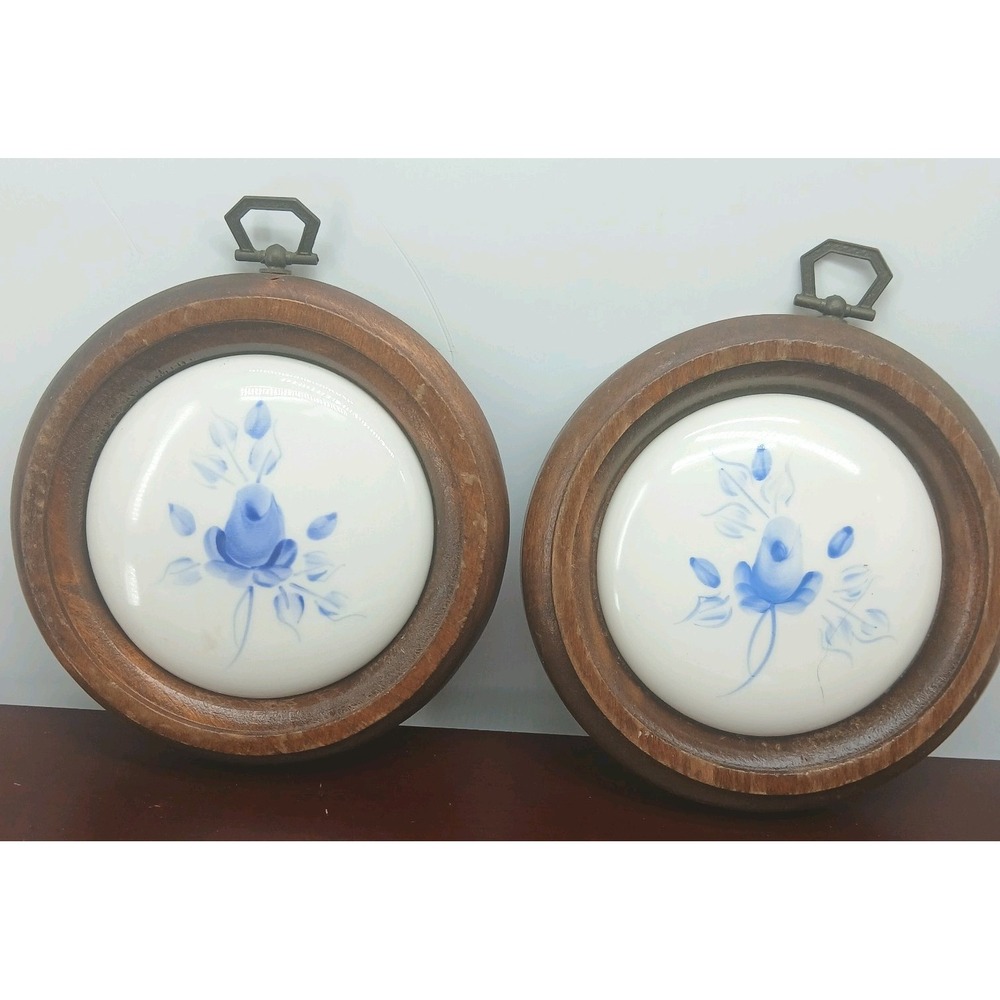 Vntg Lasting Products Hand Painted Blue Rose Wood Framed Wall Plaques Pair
